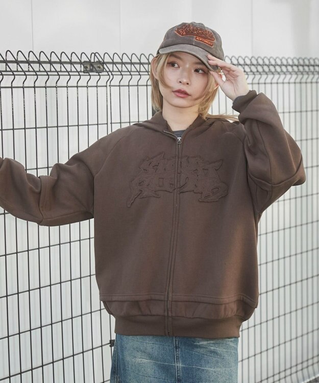 WEGO 【ユニセックス着用ITEM】ダメージアップリケレイヤードZIPパーカー ブラウン