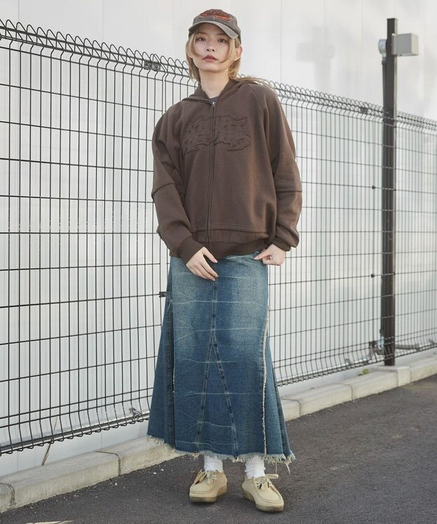 WEGO 【ユニセックス着用ITEM】ダメージアップリケレイヤードZIPパーカー ブラウン