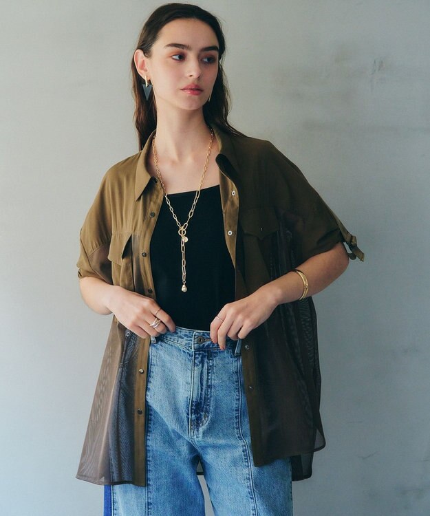 YECCA VECCA メッシュMIXデザインシャツ② Khaki