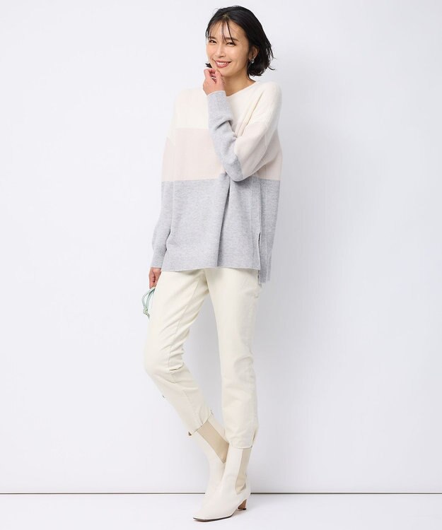 23区 L 【洗える】ウールカシミヤ カラーブロック ニット オフホワイト系