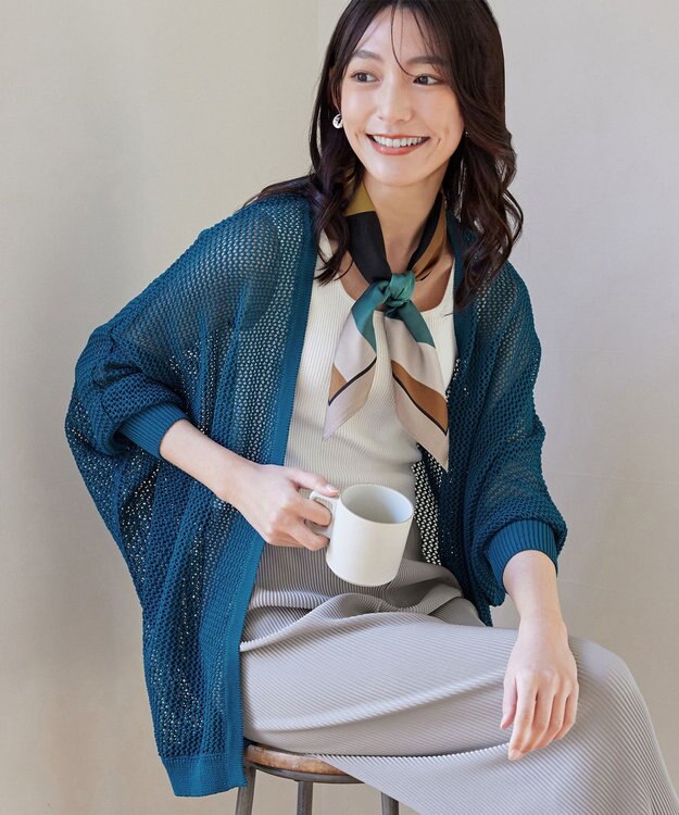 Tiaclasse L 【洗える】メッシュ編みニットドルマンカーディガン ターコイズ