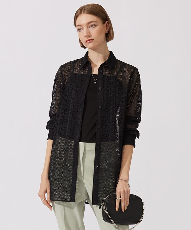 ICB 【洗える】 ストライプラッセルレース シャツ ブラック系