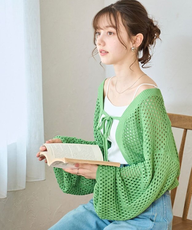 WEGO 【紫外線対策/手洗い可】メッシュリボンボレロ グリーン