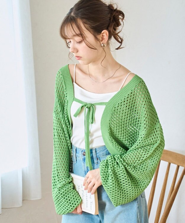 WEGO 【紫外線対策/手洗い可】メッシュリボンボレロ グリーン