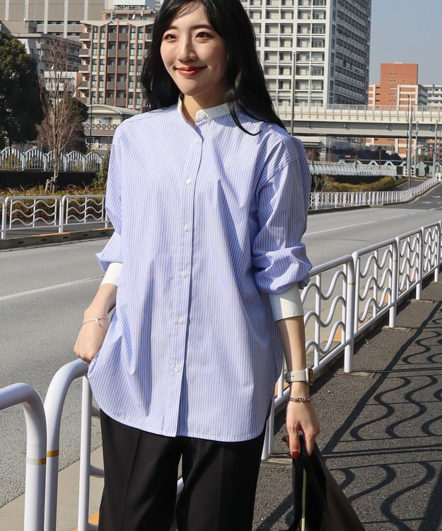 AMERICAN HOLIC イージーケアバンドカラーロングシャツ Stripe Sax