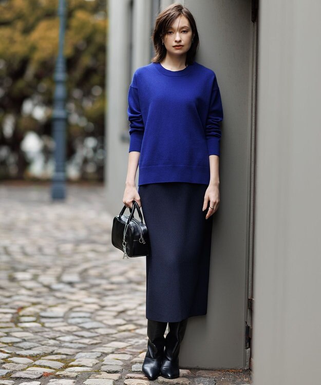 ICB L 【洗える】 シンセティックダブルフェイス ニットタイトスカート ネイビー系