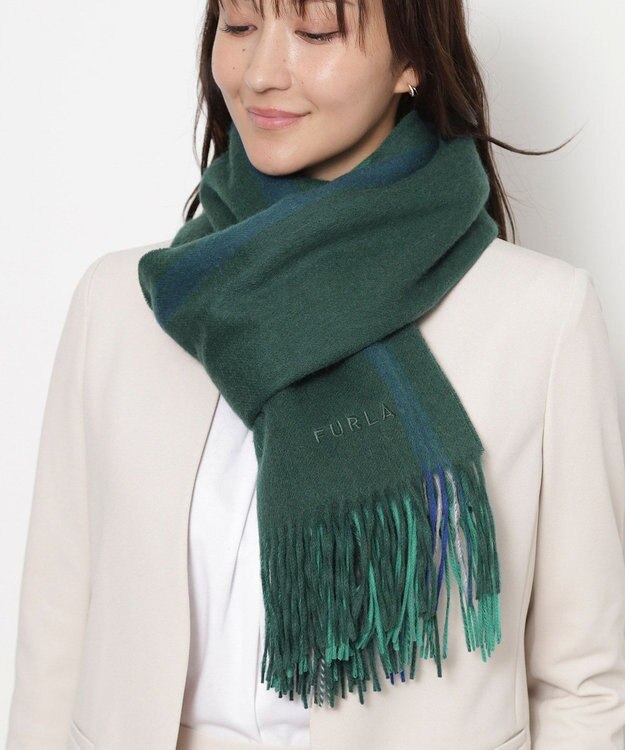 MOONBAT FURLA(フルラ）ウール100％ オンブレー カラーブロック ストール ダークグリーン