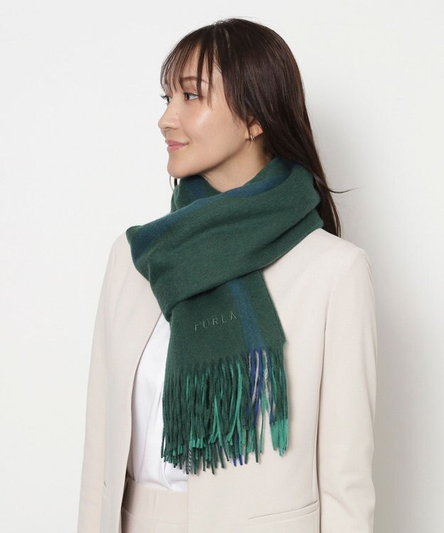 MOONBAT FURLA(フルラ）ウール100％ オンブレー カラーブロック ストール ダークグリーン
