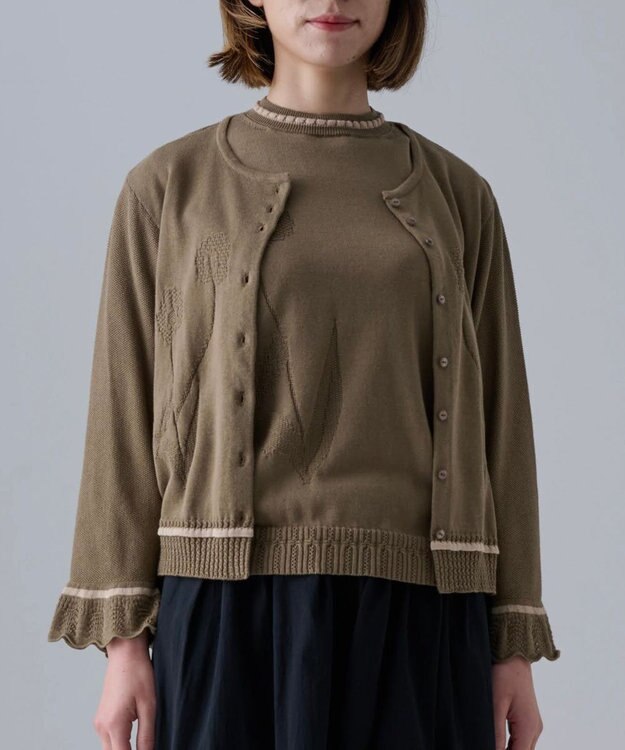 muuc 〈細番手の高級綿糸コットンコーマ糸〉〈洗練された繊維の滑らかな肌触り〉〈お家で洗えるニット〉模様編み ポピーの花リンクス編み カーディガン カーキブラウン