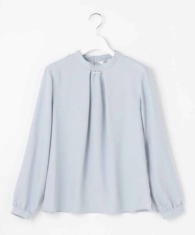 J.PRESS LADIES L 【洗える】ヌーディスバックサテン スタンドカラー ブラウス サックスブルー系