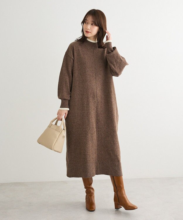 Green Parks 配色リラックスモールニットワンピース Brown
