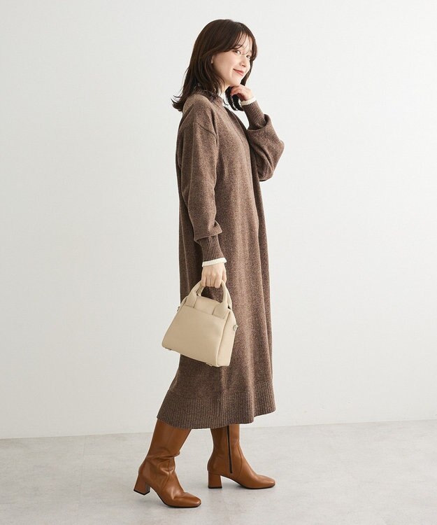 Green Parks 配色リラックスモールニットワンピース Brown