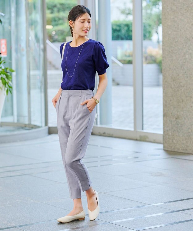 Tiaclasse 【洗える】ダイヤ柄編みサマーニットトップス ネイビー