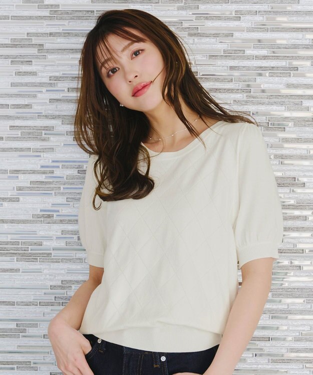 Tiaclasse 【洗える】ダイヤ柄編みサマーニットトップス オフホワイト