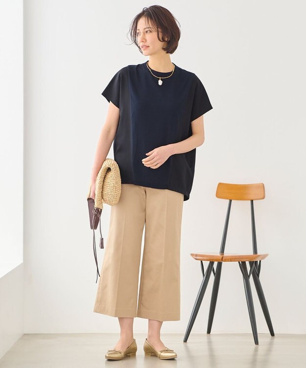 自由区 【接触冷感・洗える・XXSサイズあり】サテンストレッチクロップド丈 ワイドパンツ ベージュ系