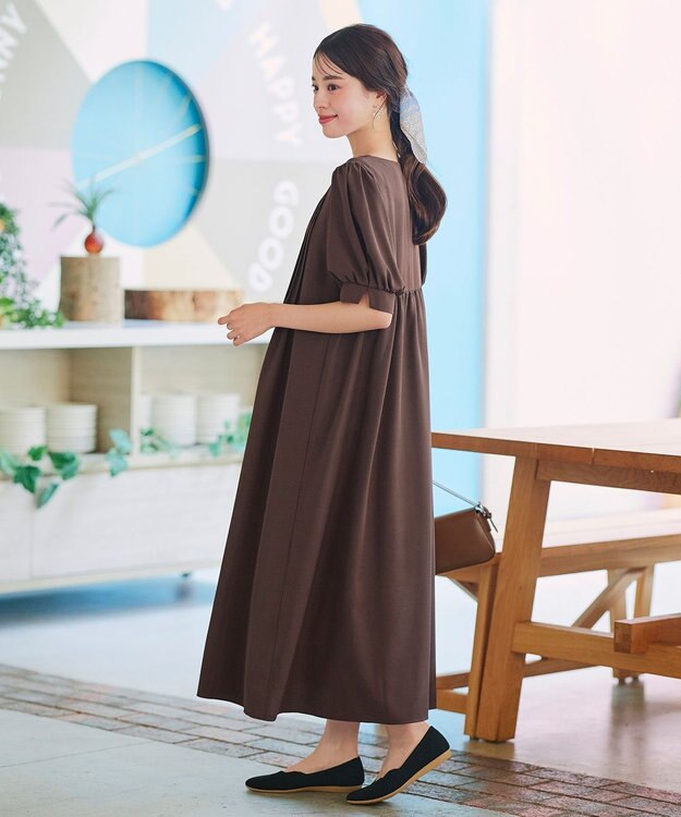 Tiaclasse 【洗える】ボリュームパフスリーブピンタックワンピース ブラウン