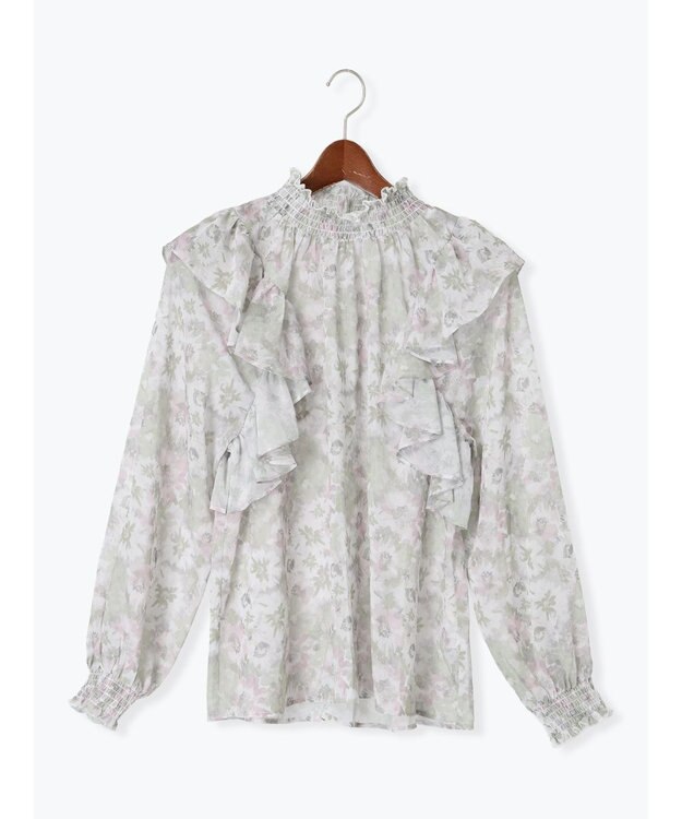 Te chichi フラワーパターンシアーフリルブラウス カーキ