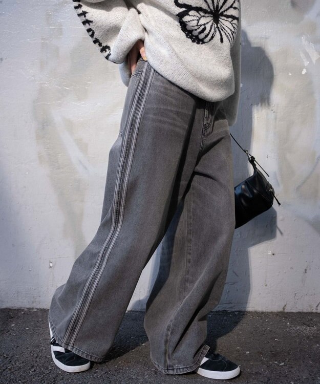 WEGO サイドラインワイドデニムパンツ スミクロ