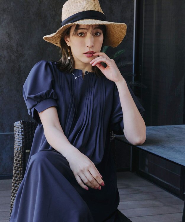 Tiaclasse 【洗える】ボリュームパフスリーブピンタックワンピース ネイビー