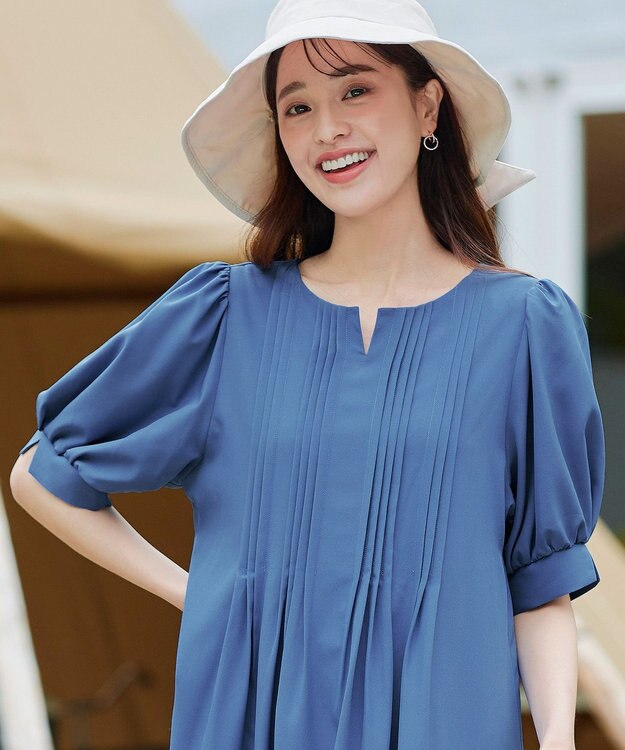 Tiaclasse 【洗える】ボリュームパフスリーブピンタックワンピース ブルー
