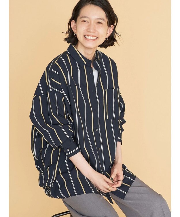 AMERICAN HOLIC ドビーストライプシャツチュニック Stripe Navy