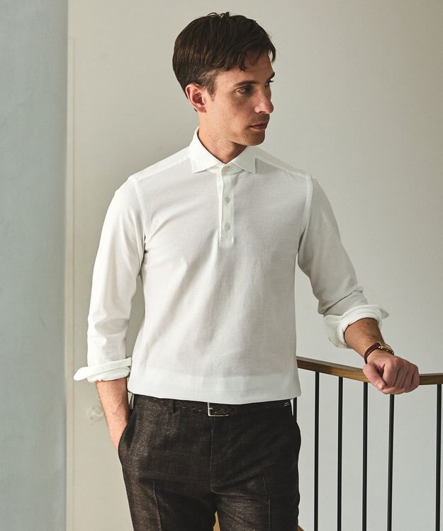 GOTAIRIKU あのBIZポロが 長袖に【仕事で着られる】キレイめ 鹿の子 ビズポロシャツ_ロング ホワイト系