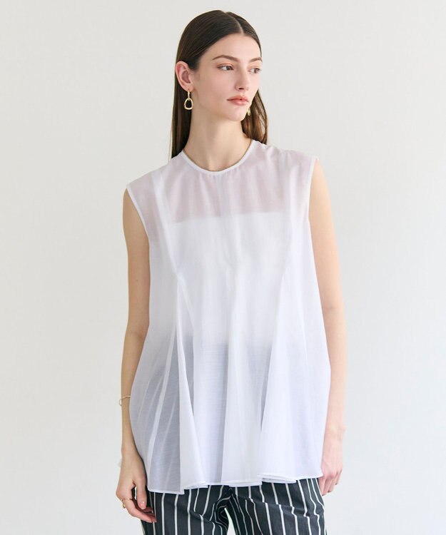 BEIGE， AMARYLLIS / シアー 切り替えフレアブラウス White