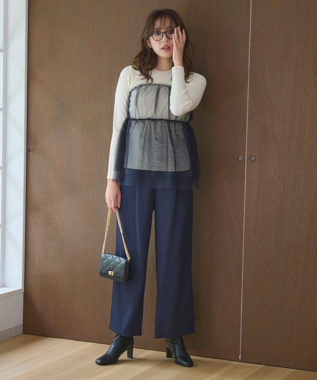 Feroux 【洗える】ウエストタックワイドパンツ ネイビー系