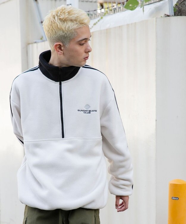 WEGO フリース ワンポイントハーフZIPプルオーバー オフホワイト