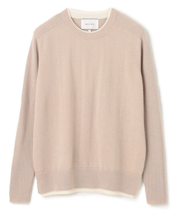 BEIGE， 【洗える】POMPE / ウールカシミヤ配色リブクルーネック Taupe×Ecru