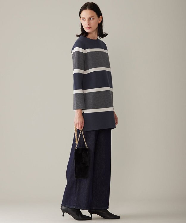 自由区 L 【セットアップ対応・洗える】ウールミラノボーダーチュニック丈 ニット グレー×シャンパンベージュ×ネイビー