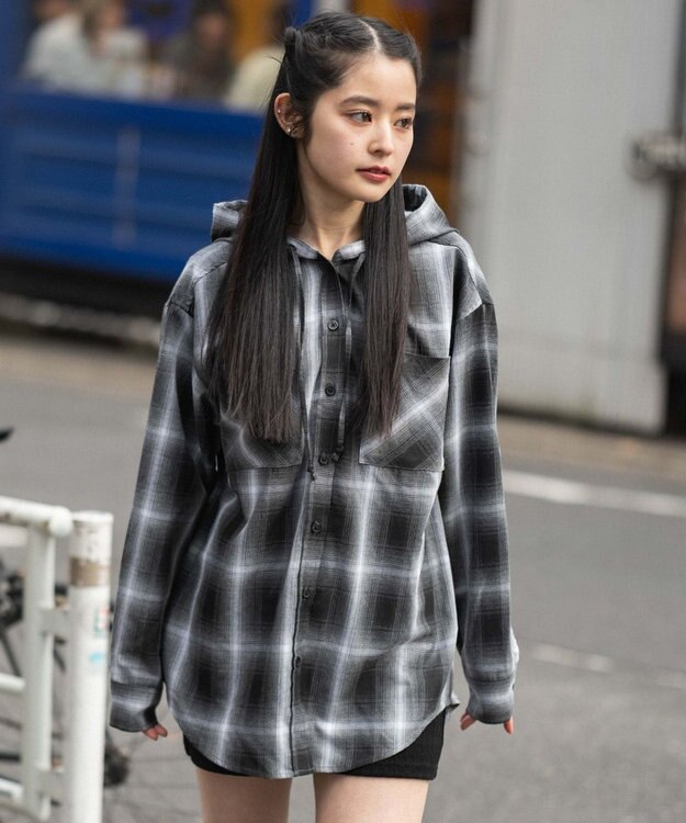 WEGO フードチェックシャツ ブラック