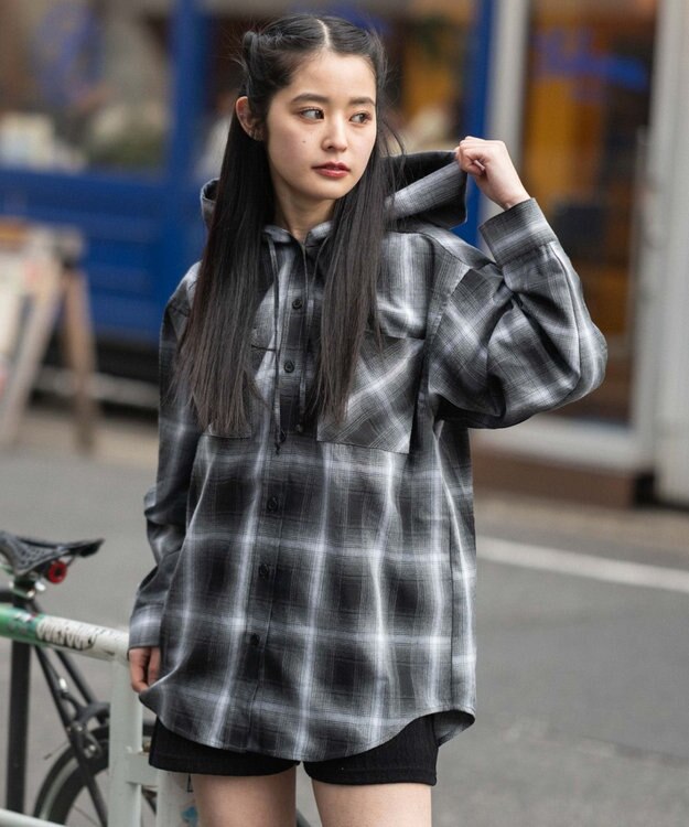 WEGO フードチェックシャツ ブラック