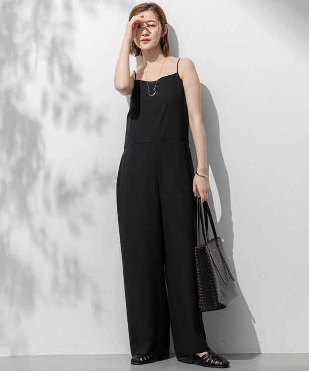 23区 L 【一部店舗限定/吸水速乾/UVカット/接触冷感/洗える】ストレッチジョーゼット オールインワン ブラック系