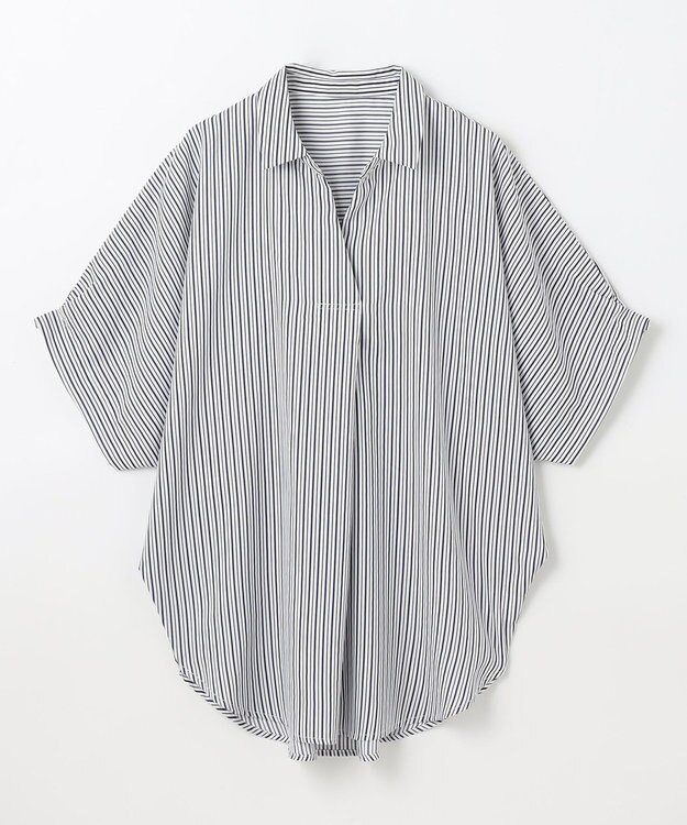 ANY 【新色追加】スキッパーネック袖タックブラウス [WEB限定]ネイビーストライプ