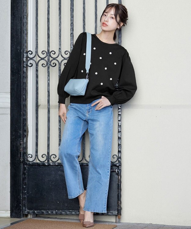 Tiaclasse 【洗える】フラワー刺繍ニットトップス ブラック