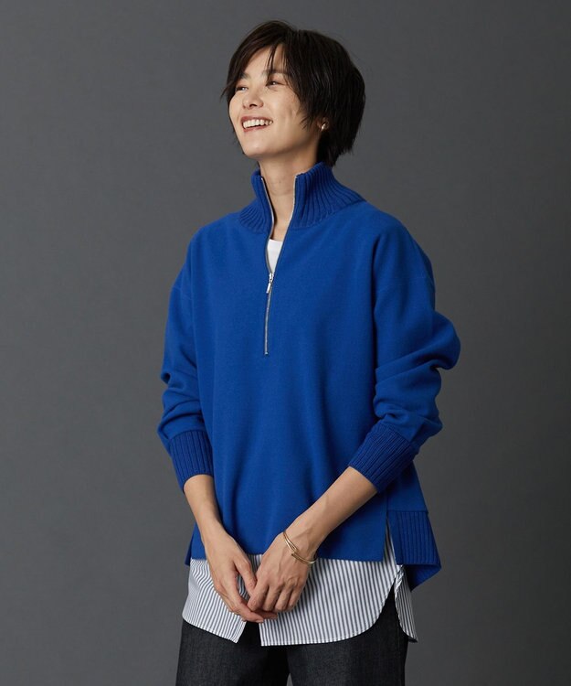 J.PRESS LADIES L ニードルパンチ ハーフジップ カットソー ブルー系