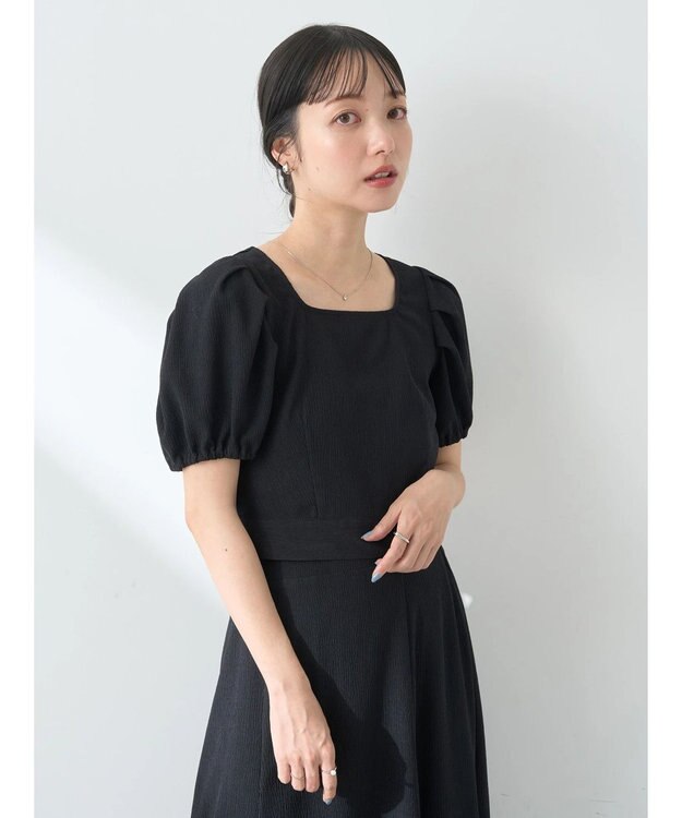 earth music&ecology ＳＥＴ２点バックリボンブラウス＋フレアスカート Black