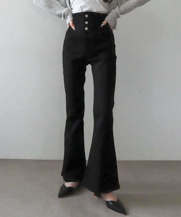 WEGO 【ストレッチ/美脚/脚長シルエット/XSSMサイズ展開】ハイウエストストレッチフレアデニムパンツ デニムブラック