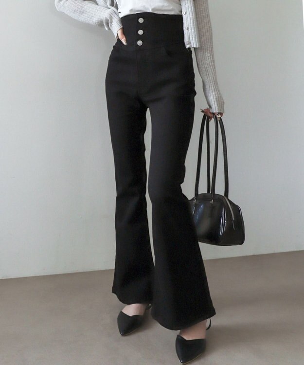 WEGO 【ストレッチ/美脚/脚長シルエット/XSSMサイズ展開】ハイウエストストレッチフレアデニムパンツ デニムブラック