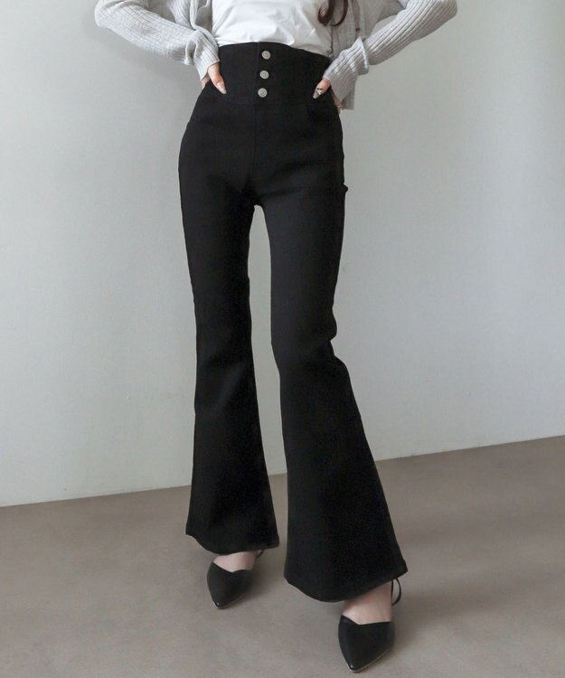 WEGO 【ストレッチ/美脚/脚長シルエット/XSSMサイズ展開】ハイウエストストレッチフレアデニムパンツ デニムブラック