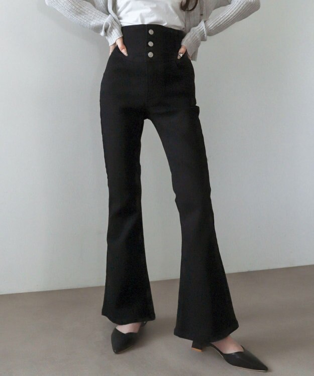 WEGO 【ストレッチ/美脚/脚長シルエット/XSSMサイズ展開】ハイウエストストレッチフレアデニムパンツ デニムブラック