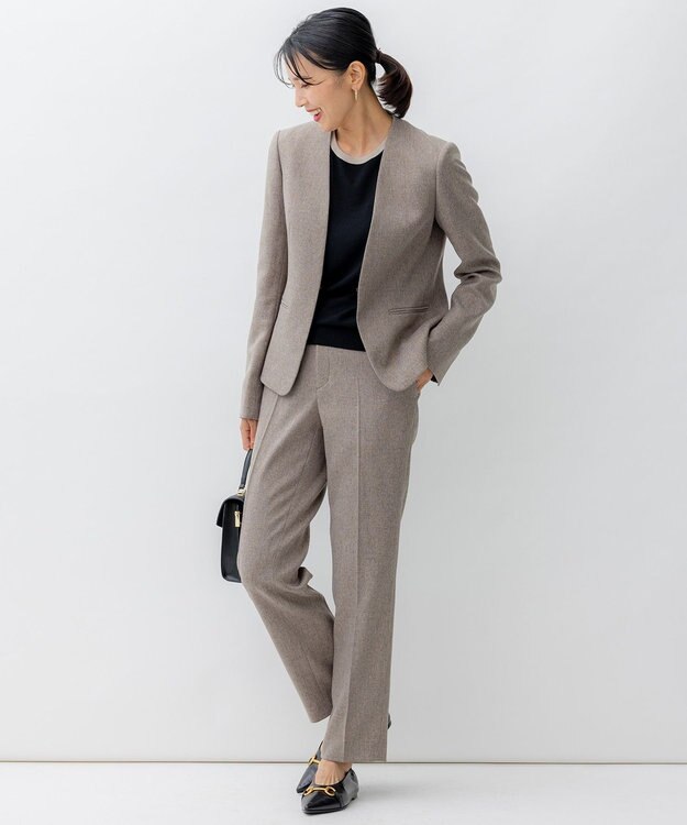 23区 【洗える】ウールライクカルゼ ノーカラー ジャケット ブラウン系