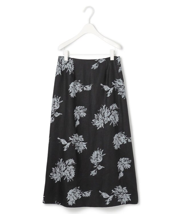 ICB L 【洗える】リネンオックスフラワープリント スカート ブラック系
