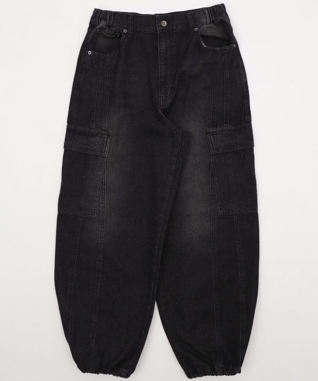 WEGO 【SMLサイズ展開/ウエスト紐】イージー3Dバレルレッグデニムカーゴパンツ デニムブラックソノタ