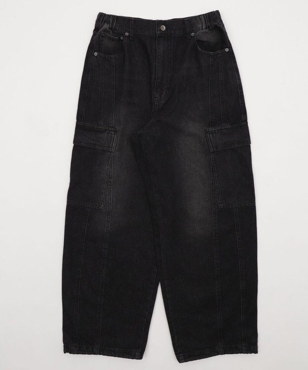WEGO 【SMLサイズ展開/ウエスト紐】イージー3Dバレルレッグデニムカーゴパンツ デニムブラックソノタ
