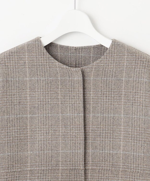 自由区 L 【17号サイズまで展開・カタログ掲載】ウールリバーチェック柄ノーカラー コート モカチェック