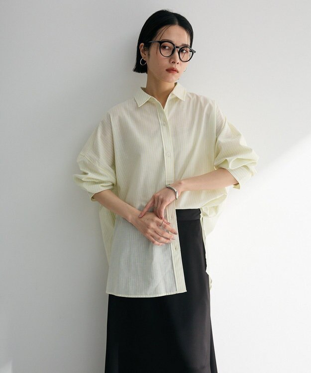 Green Parks 綿麻混レギュラーカラーＢＩＧシルエットシャツ Stripe Yellow