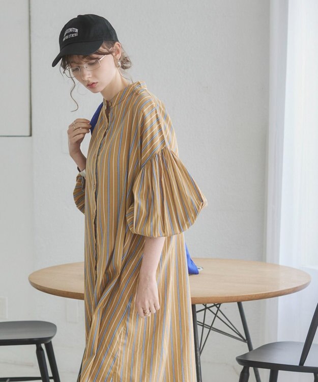 WEGO 【ANGIE VINTAGE】ボリュームスリーブ バンドカラー シャツワンピース 柄4