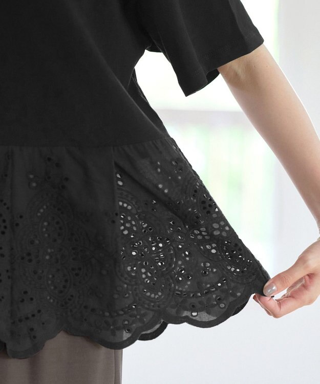 Tiaclasse 【洗える】刺繍レースドッキングカットソートップス ブラック